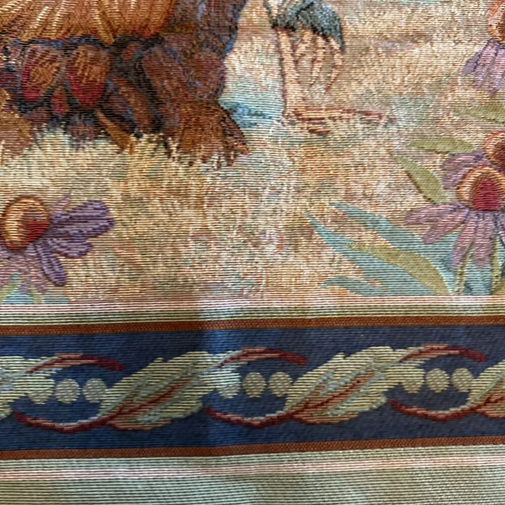 Tapestry w/ Fancy Rod Roosters & Hen French Country Wall Hanging Farmhouse